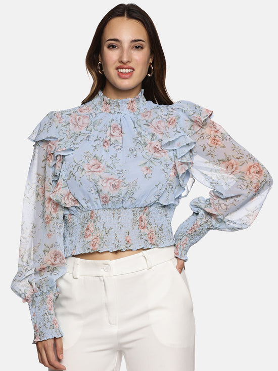 Floral Mutlicolor Gathered Smocked Sleeve Top-17415