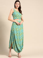 Crop top with cowl dhoti skirt in Aqua Blue
