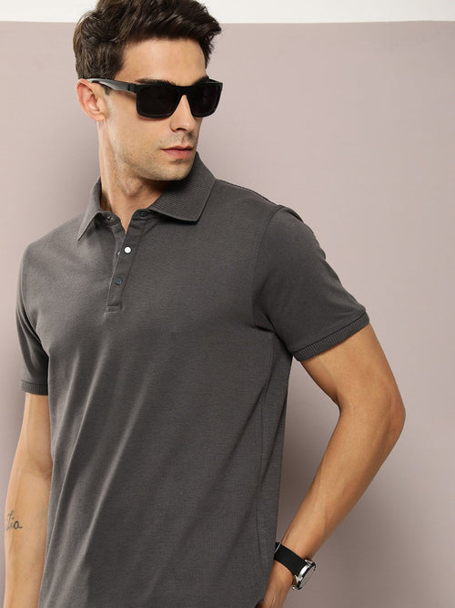 Dillinger Grey Solid Regular Snap Polo T-shirt