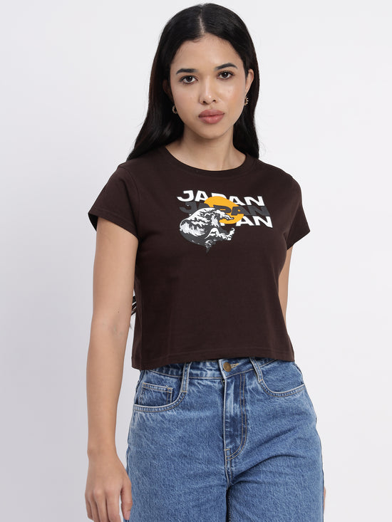 Coffee color Crop top with Japan rising sun print-SICT0010724