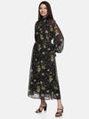 Floral Black Belted Blouson Sleeve Dress-17399