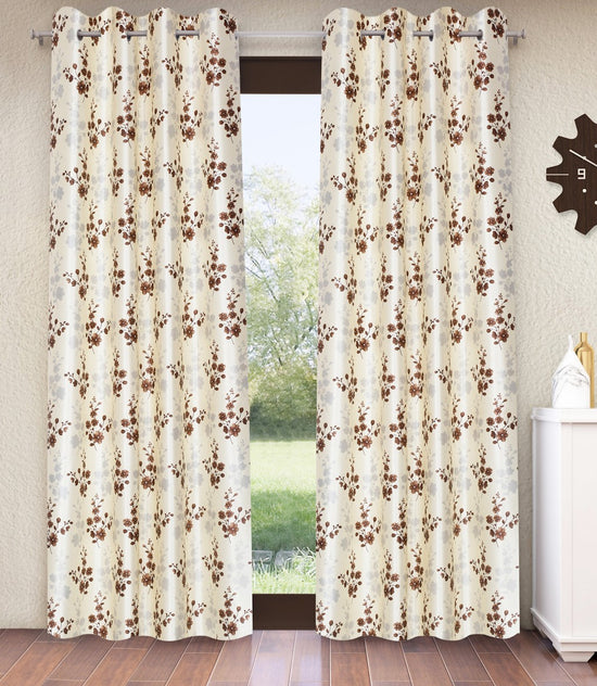 Home Sizzler 2 Pieces Bloom Burst Eyelet Polyester Window Opaque Curtains - 5 Feet, Brown-HS2PC001712WD