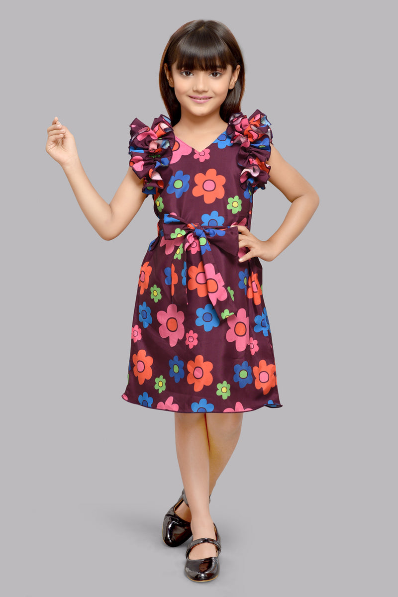 Floral Shift Dress with Ruffle Sleeves -Burgundy
