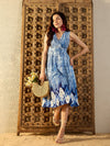 Over lap neck Midi Dress in Blue Tie & Dye-TP0457TD21