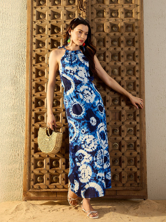 Tie up neck with tassels Maxi Dress in Blue Tie & Dye-TP0551TD7