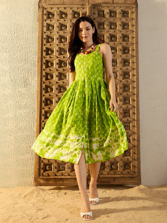 Strappy Box Pleat Midi Dress in Lime Green Tie & Dye-TP0350TD3