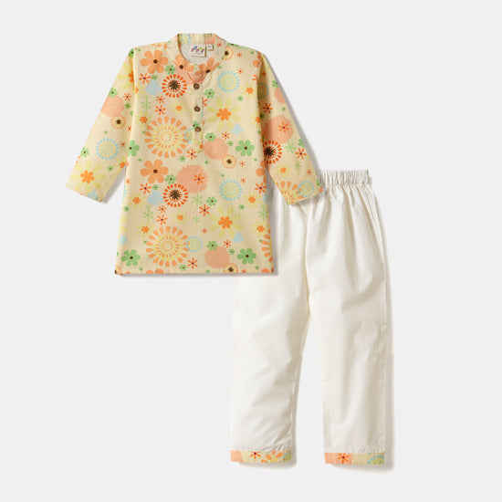 Desi Soota Floral Print Cotton Kurta Pajama Set for Boys - Yellow-M025