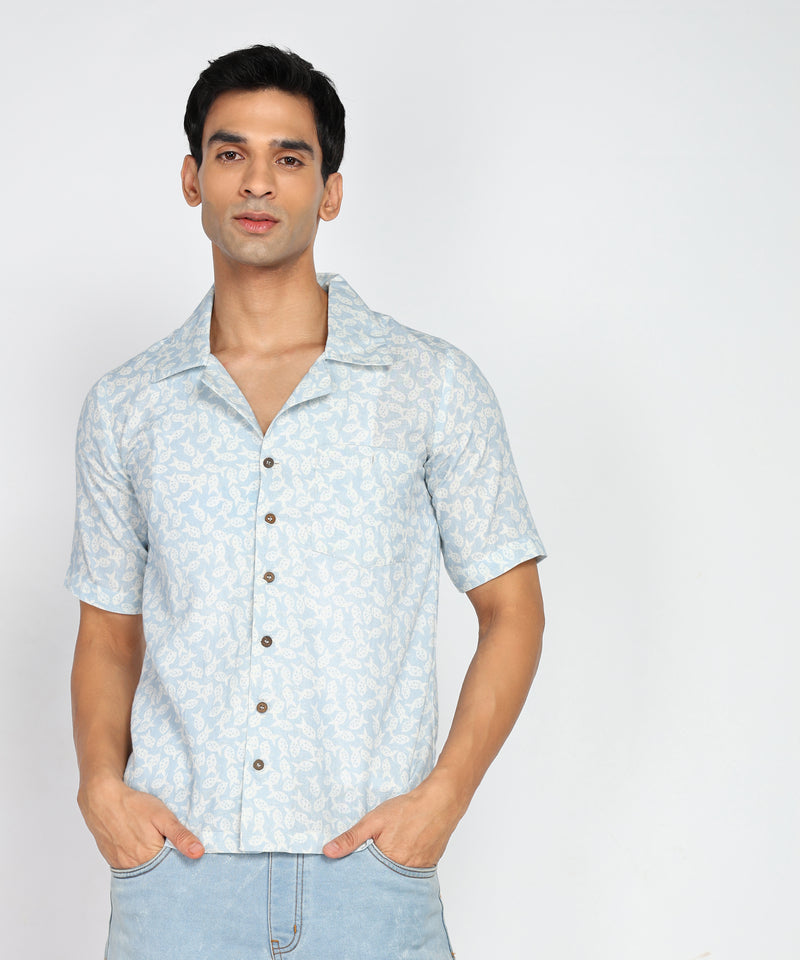 Vacation Vibes Men's Short Sleeved Shirt with Tiny Fish Print-Cotton Flex
