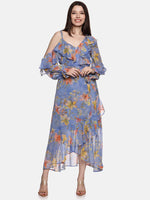 Floral Blue Ruffle Wrap Dress-17393