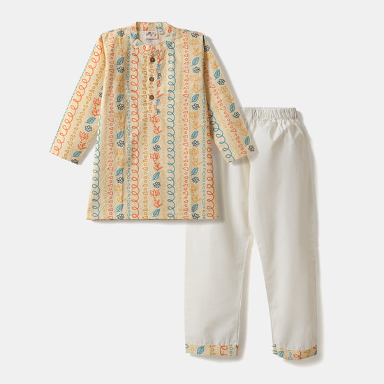 Desi Soota Boho String Print Cotton Kurta Pajama Set for Boys - Yellow-M026