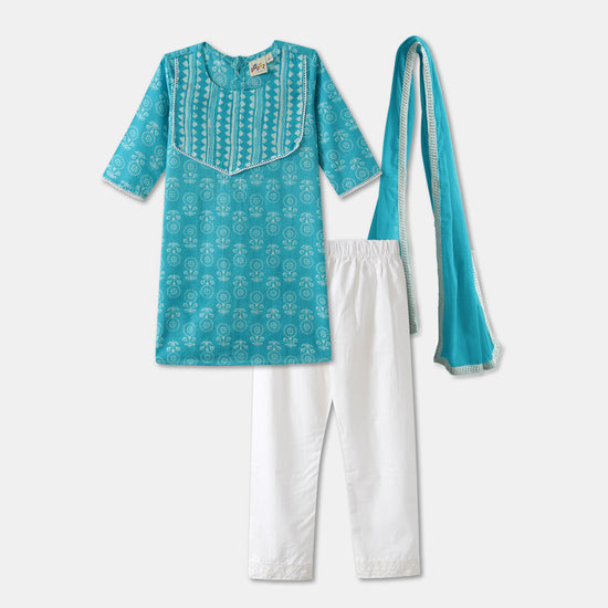 Desi Soota Cotton Kurti Pajama with Dupatta for Girls - Blue-M034