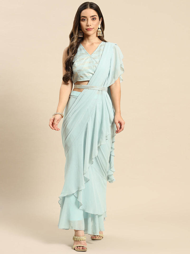 Blouse with prestiched frill gown in Powder Blue