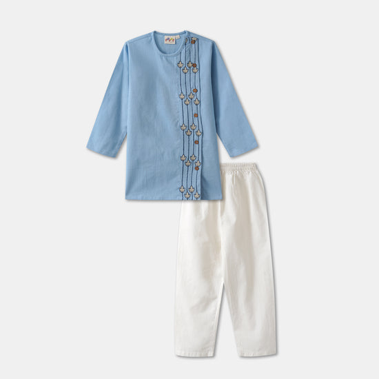 Desi Soota Bengali Style Embroidered Cotton Kurta Pajama Set for Boys - Blue-M036