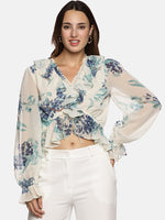 Floral White V-Neck Blouson Sleeve Top-17417