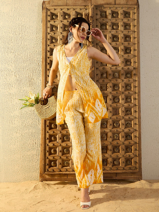 One button front open Top with Pants in Yellow Tie & Dye-TP0548TD23