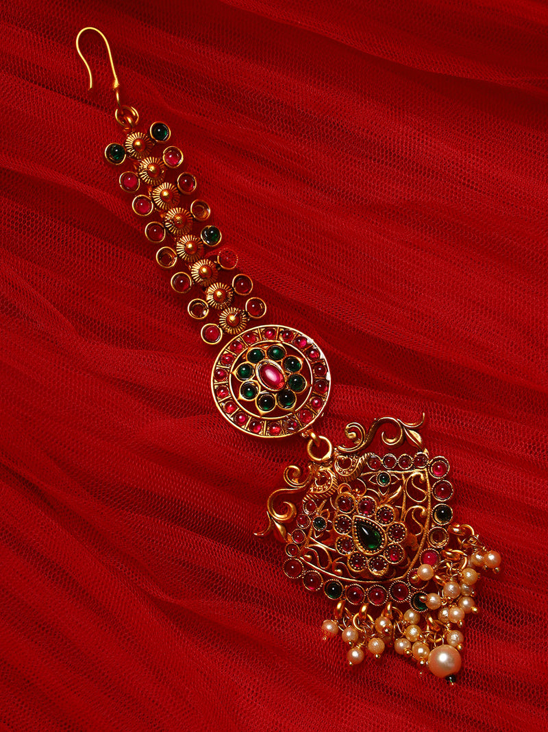 Gold-Plated & Ruby & Emerald Kemp Stones Pearls MaangTikka