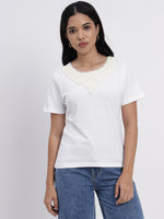 White Regular T-shirt with lace neck accent-SITS0040524