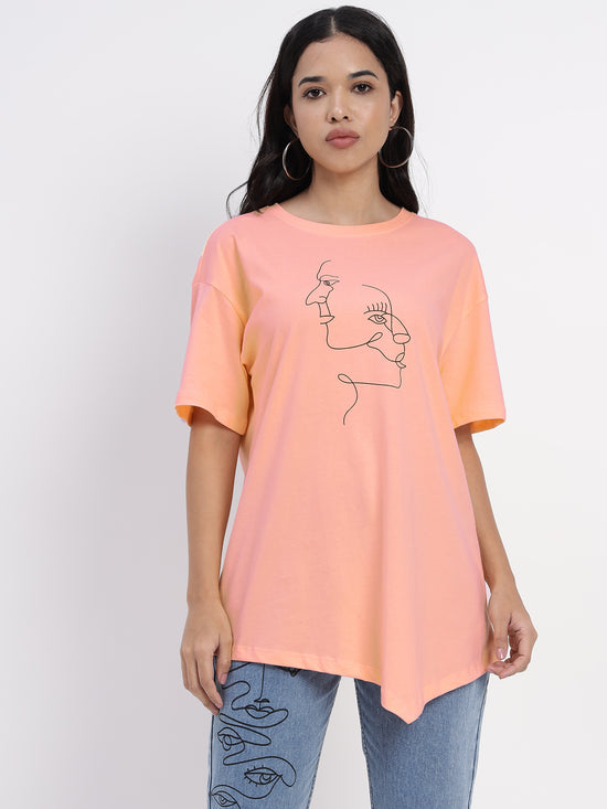 Peach-coloured  T-shirt with abstract face print-SITS0040224