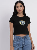 Black Printed crop T-shirt-SICT0010524