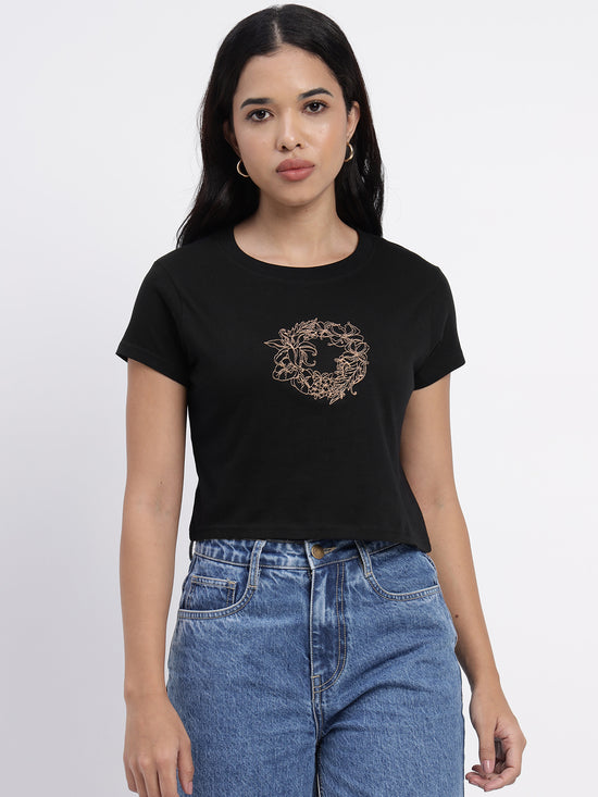 Black Embroidered Crop Top-SICT0010124