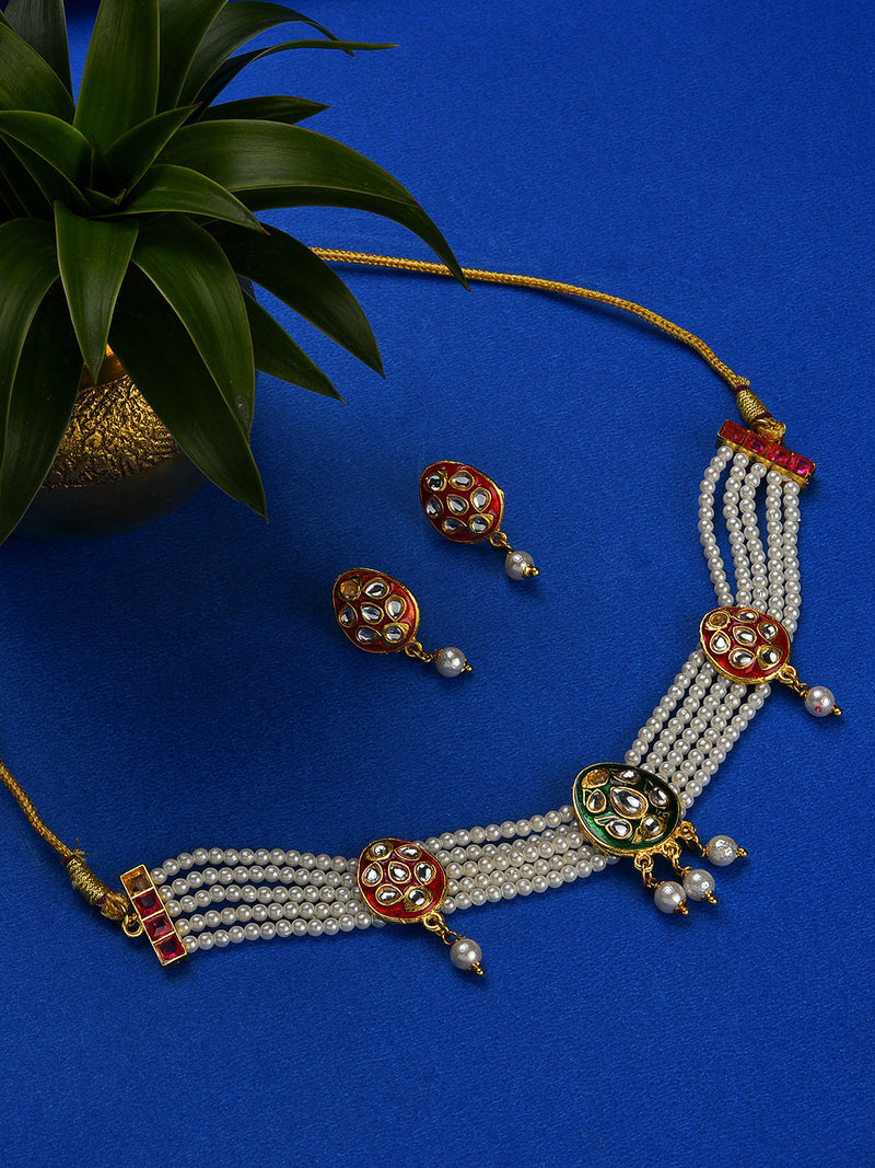 Gold-Plated White Kundan-Studded & Beaded Jewellery Set