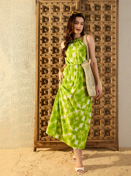 Tie up neck with tassels Maxi Dress in Lime Green Tie & Dye-TP0551TD11