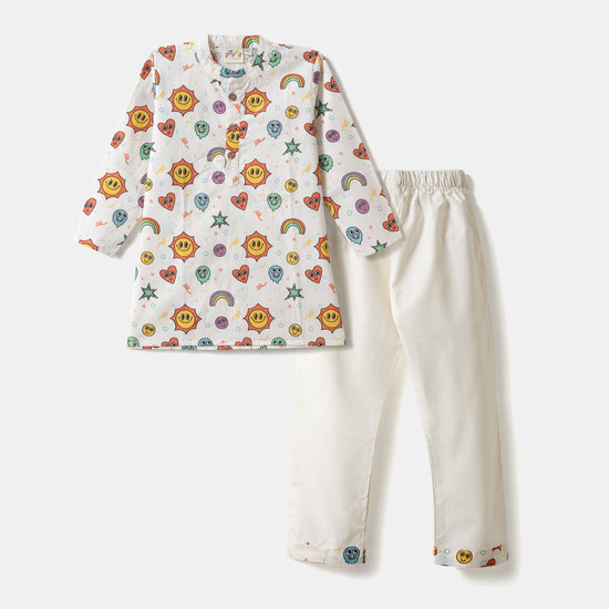 Desi Soota Smiley Print Cotton Kurta Pajama Set for Boys - White-M027