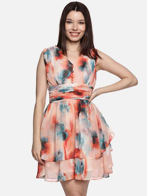 Floral Peach Tiered Dress-17405