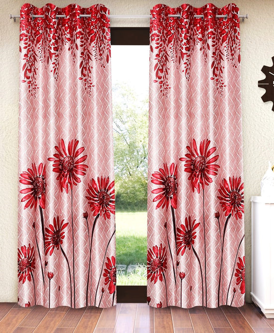 Home Sizzler 2 Pieces Sunflower Panel Eyelet Polyester Door Curtains - 7 Feet, Maroon-HS2PC001741DR