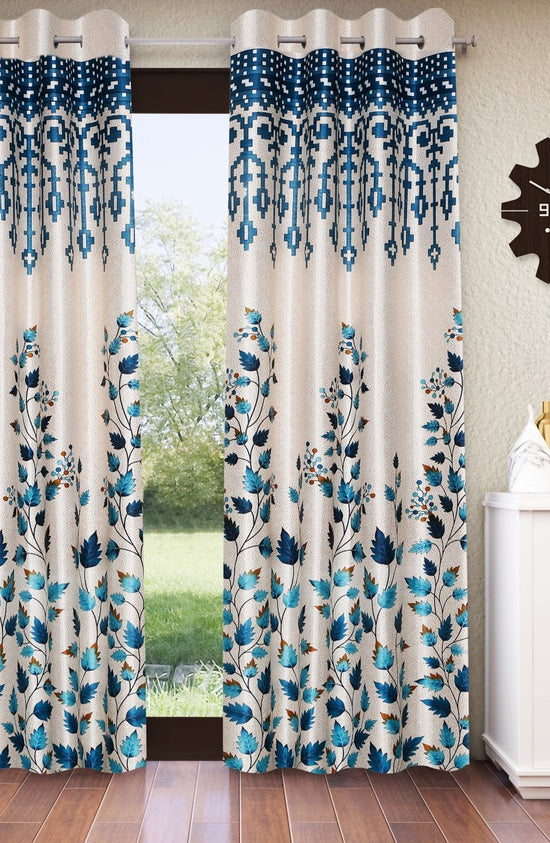 Home Sizzler 2 Pieces Leafy Elegance Panel Eyelet Polyester Door Opaque Curtains - 7 Feet, Aqua-HS2PC001739DR