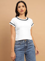 White Crop Top with Monochrome Embellishment-SIRT0010824