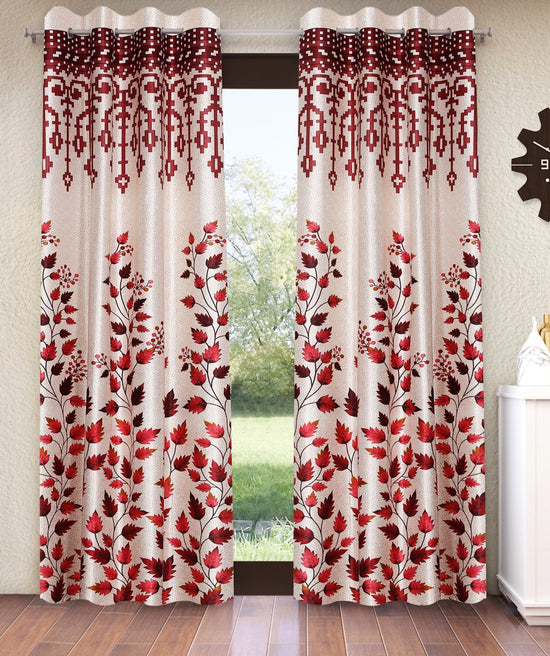 Home Sizzler 2 Pieces Leafy Elegance Panel Eyelet Polyester Door Curtains - 7 Feet, Maroon-HS2PC001731DR