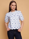 White and Blue Schiffli Embroidery Top-SIRT0030624