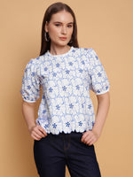 White and Blue Schiffli Embroidery Top-SIRT0030624