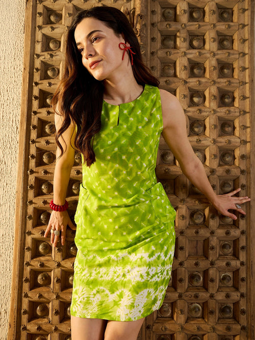 Kurta Neck Mini Dress with Side Pockets in Lime Green Tie & Dye-TP0552TD3