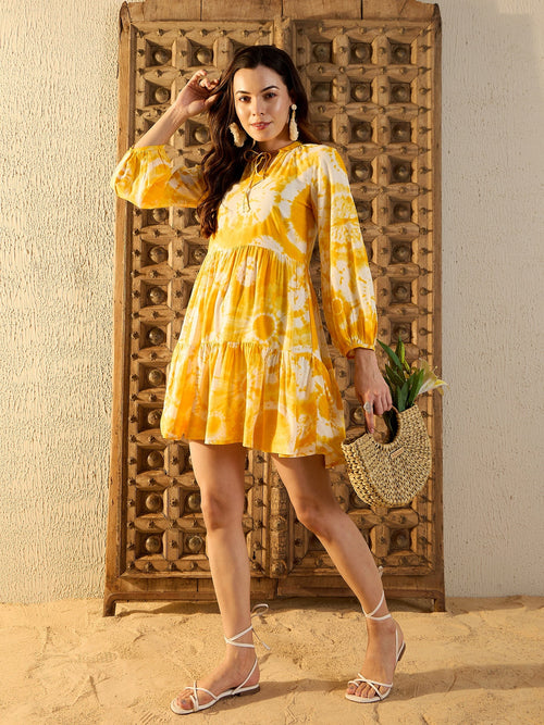 Balloon Sleeve Layered Mini Dress in Yellow Tie & Dye-TP0477TD6