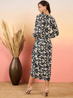 Overlap neck Tulip midi Dress in Black and Cream Ikkat Print