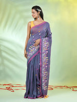 All Over Thread Floral Embroidery Grey Cotton Saree-MA62CT33610070