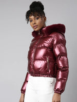 Women Solid Maroon Puffer Jacket Comes with Detachable Hood-8815-Maroon