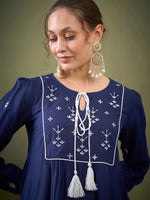 Women Royal Blue Embroidered Peplum Top With Palazzos