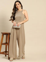 In cut pleated jumpsuit in Beige