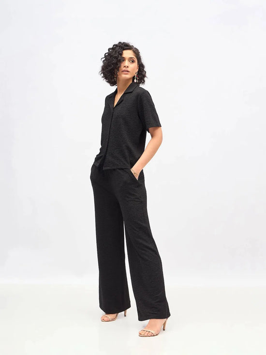 Women Black Knit Notch Collar Shirt With Darted Pants