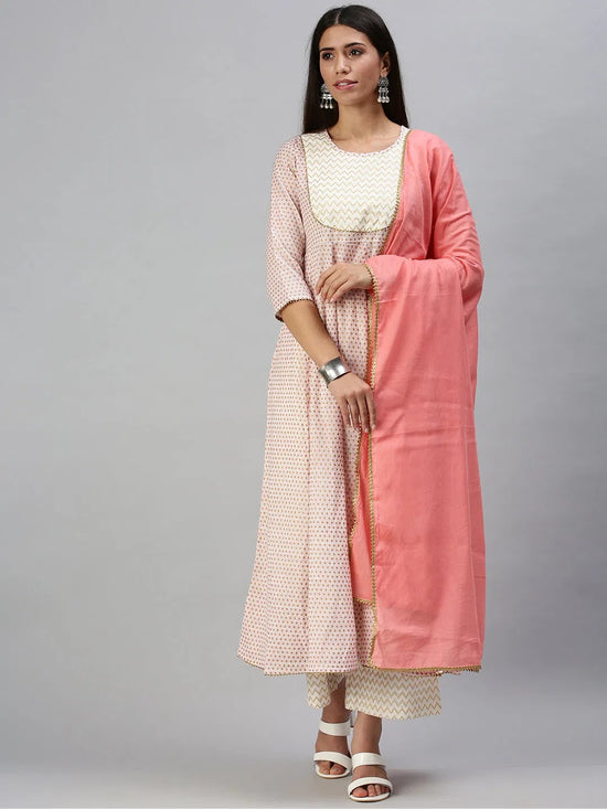 Women's White & Pink Printed Kurta Sets-BS1595B-White-Pink