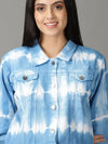 Women's Blue Printed Open Front Jacket-AE-0174-Blue