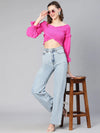 Women Solid Pink Smocked Off -Shoulder Polyester Top-S23048WBL004