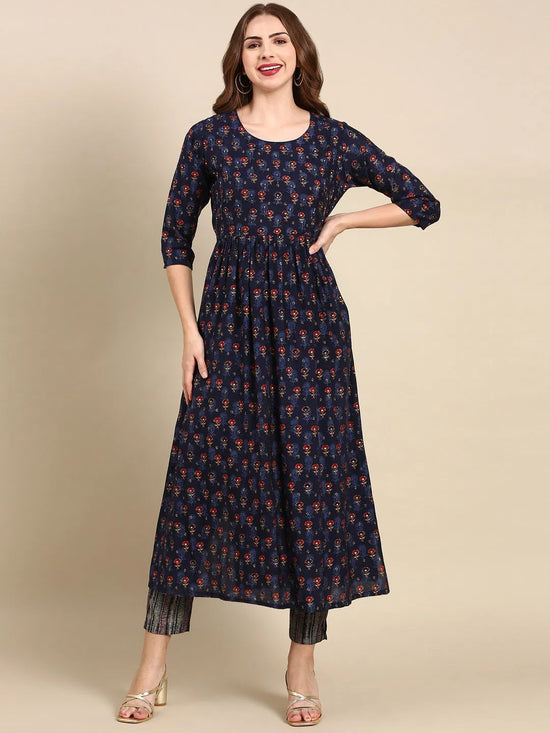 Women's Navy Blue Printed Kurta Set-SKC-1021-Navyblue