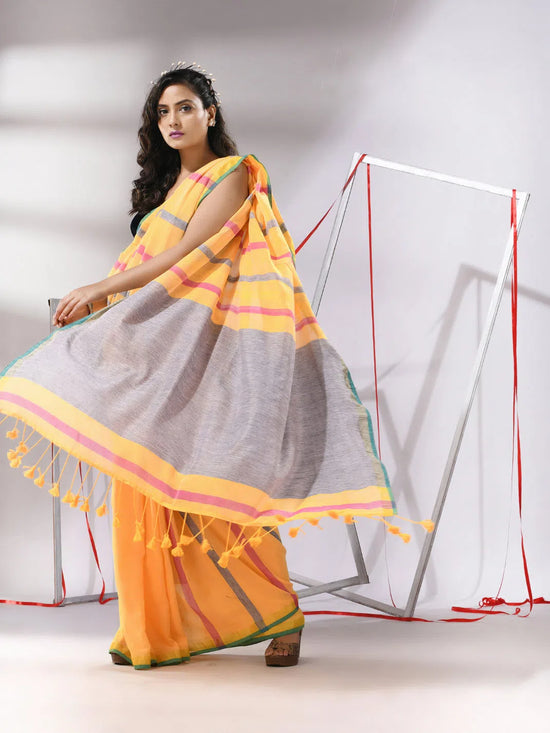 Yellow Cotton Saree With Stripes Design-MA55CT06540037