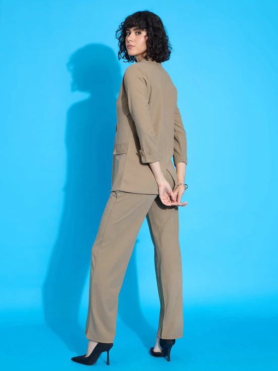 Women Beige Front Button Blazer With Front Darted Pants