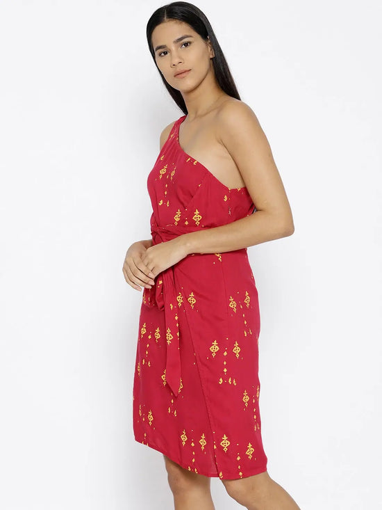 One shoulder overlap cross tie Printed Dress in Red