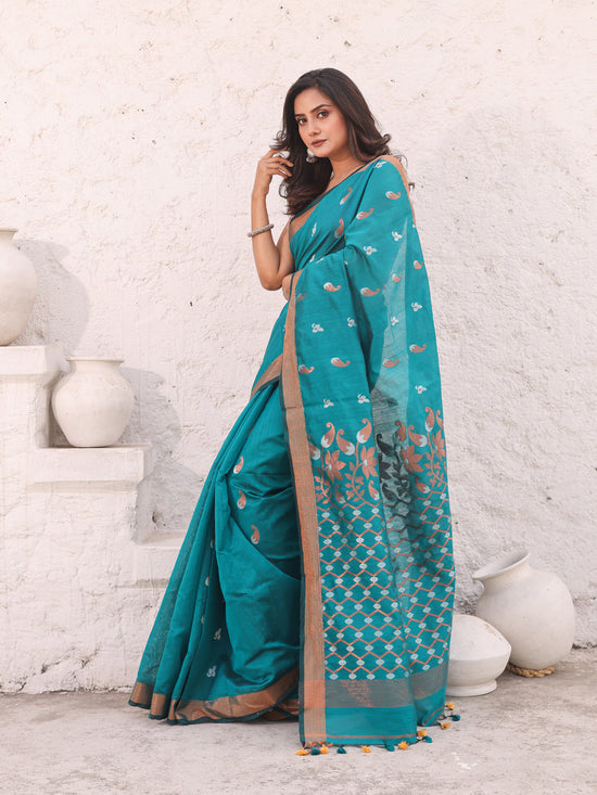 Teal Cotton Saree With Zari Border-MA54BCT041380031